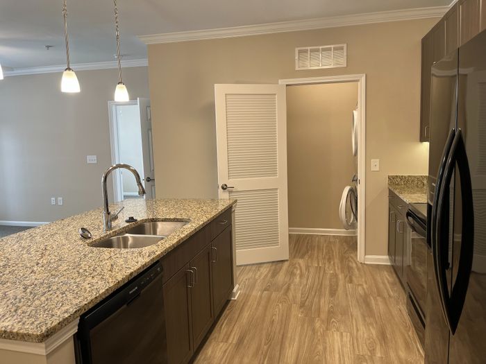 Modern kitchen with granite countertops, sleek appliances, and elegant lighting creates a welcoming culinary space.