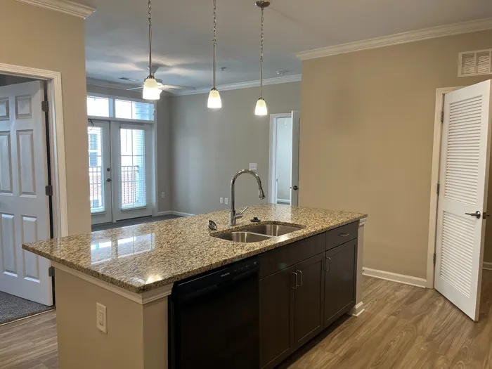 Bright open-concept kitchen with modern granite countertops, sleek cabinetry, and elegant pendant lighting, perfect for entertaining.