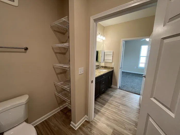 Modern bathroom with granite countertop, ample shelving, and adjacent carpeted bedroom, featuring a sleek, neutral design.