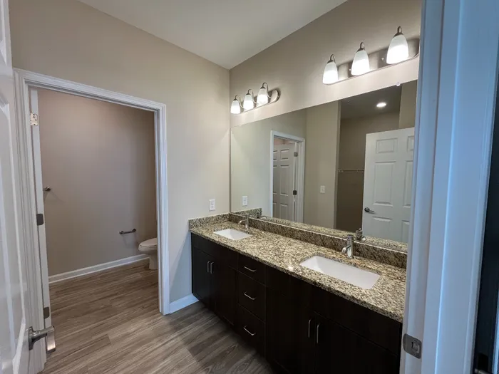 Modern bathroom featuring elegant granite countertops, dual sinks, and stylish lighting, offering a luxurious and functional space.