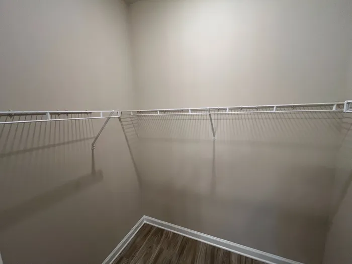 Spacious walk-in closet featuring elegant wood flooring and ample shelving for organized storage.