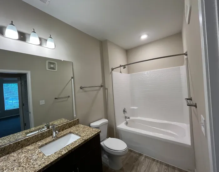 Bright and modern bathroom featuring a sleek granite countertop, elegant mirror lighting, and a pristine white bathtub.