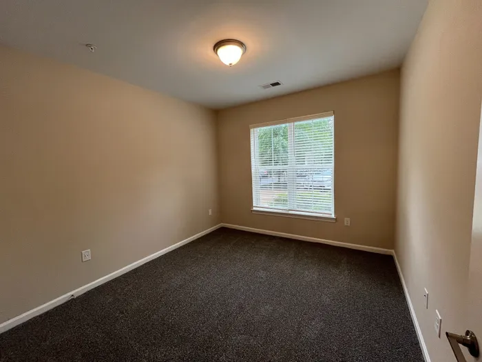 Bright and inviting bedroom with plush carpet, neutral walls, and large window filling the space with natural light.