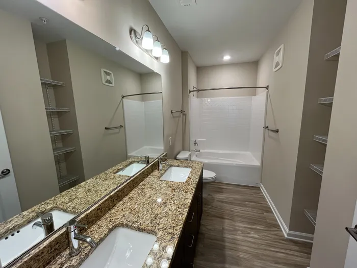 Elegant bathroom with granite double vanity, sleek fixtures, and inviting bathtub in warm neutral tones.