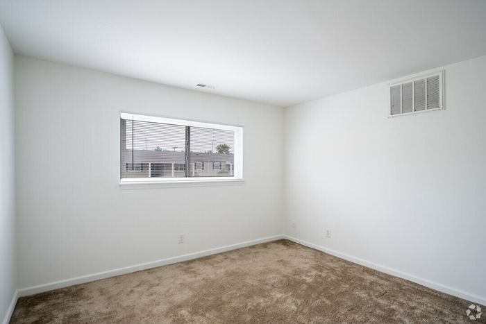 Bright and inviting room with plush carpet, large window allowing natural light, and fresh white walls.
