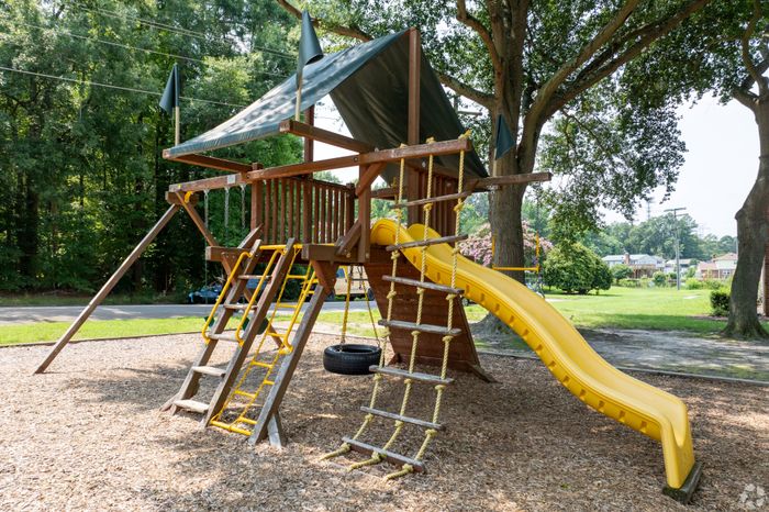 Charming outdoor playground with a wooden playset featuring a yellow slide, rope ladder, and swing, nestled in a lush green park setting.
