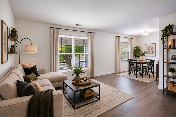 Charming living and dining area with natural light, cozy sofa, modern decor, and wooden floors.