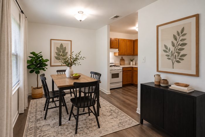 Charming dining area with elegant wooden table, stylish chairs, and a cozy open kitchen with warm cabinetry.