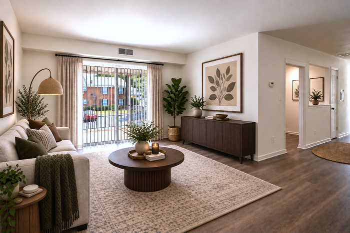 Elegant living room with modern decor, large windows, and stylish furniture offering a warm and inviting atmosphere.