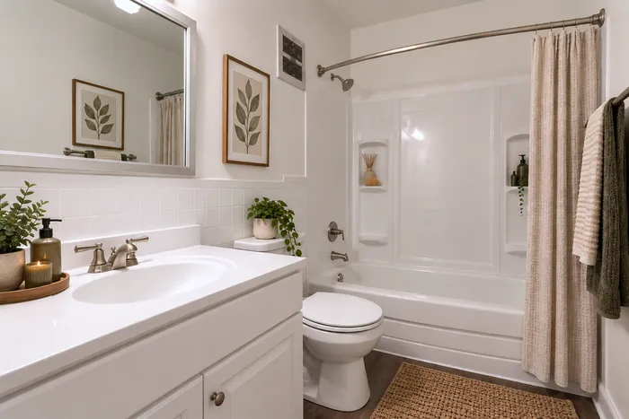 Chic and inviting bathroom with elegant tile backsplash, marble countertop, and lush greenery for a serene atmosphere.