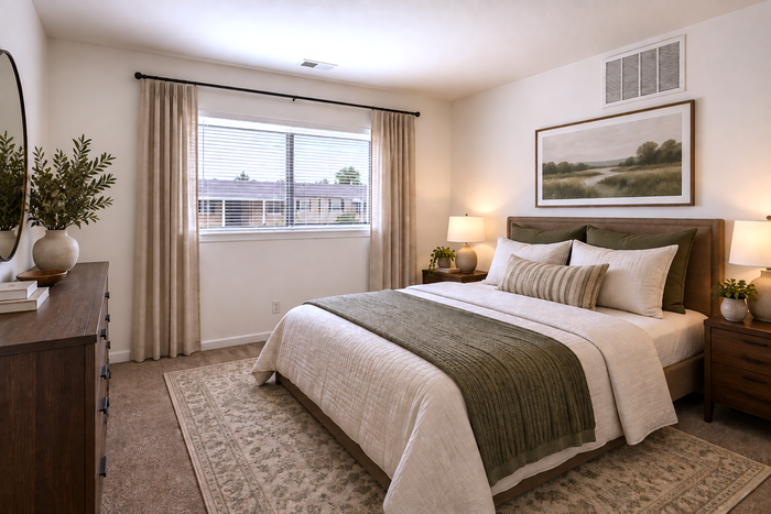 Serene bedroom with elegant decor, featuring a cozy bed, stylish nightstands, and natural light from a large window.