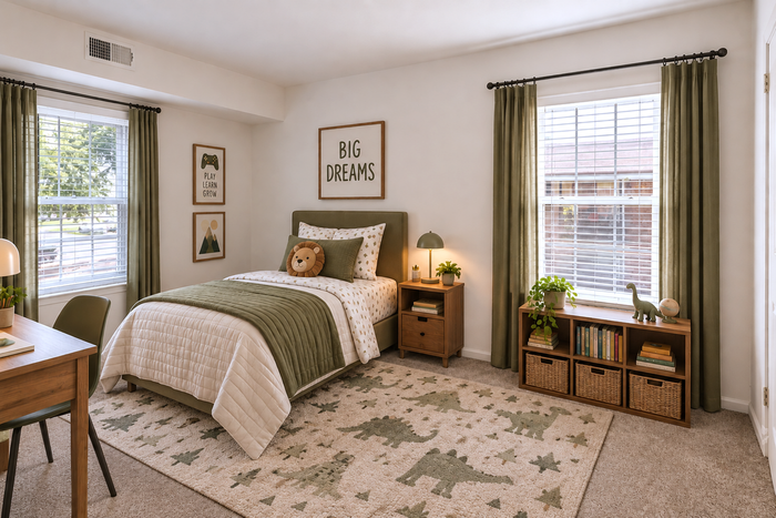 Charming, sunlit bedroom with cozy bed, playful dinosaur-themed decor, and vibrant greenery, perfect for nurturing young dreams.