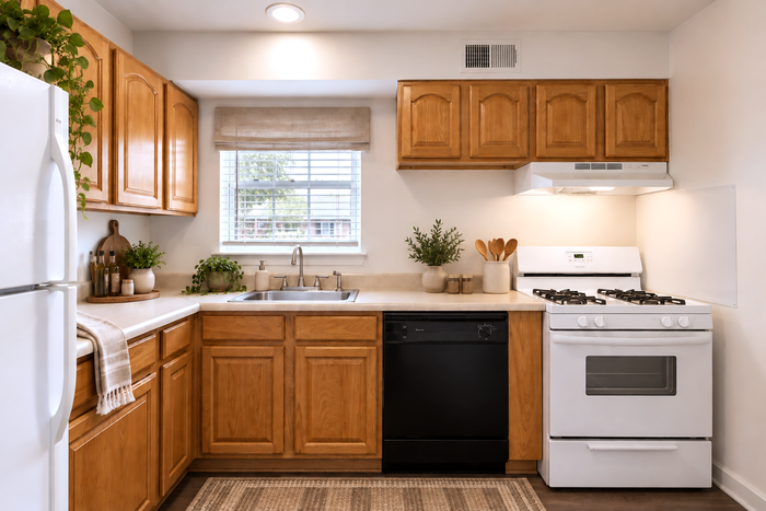 Inviting kitchen with warm wooden cabinets, modern appliances, and cozy natural decor creating a welcoming atmosphere.