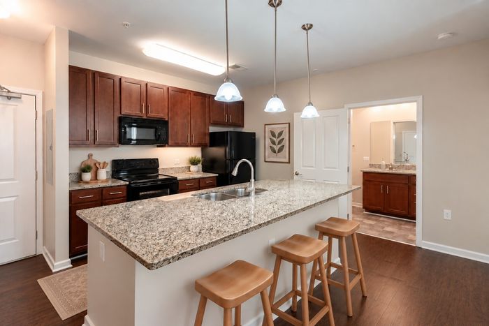 Modern kitchen with granite countertops, elegant pendant lighting, and warm wooden cabinetry, offering a seamless connection to the open concept living space.