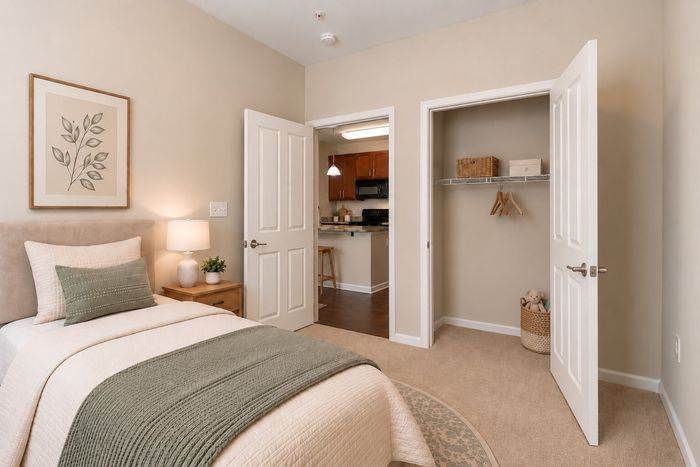 Cozy bedroom with elegant decor, green accents, and a view into a modern kitchen, featuring ample closet space.