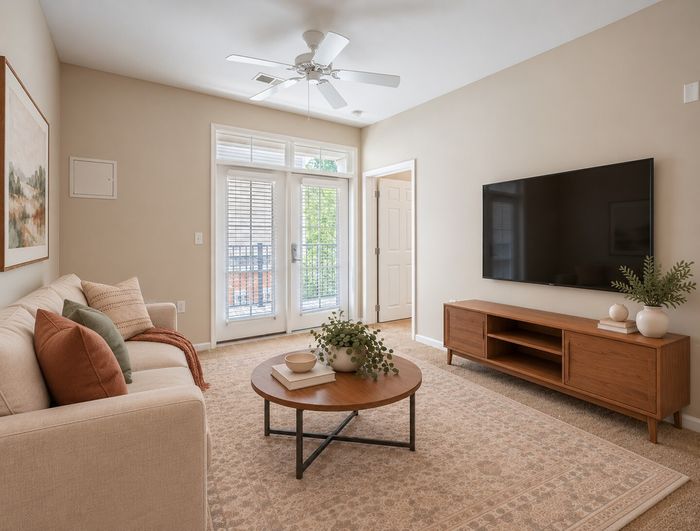 Bright and inviting living room featuring a comfortable beige sofa, elegant decor, and a large wall-mounted TV, enhanced by natural light streaming through glass doors.