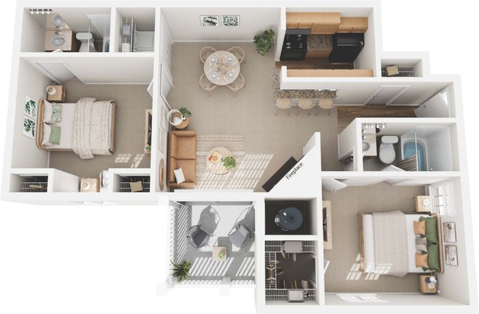 2BR Garden Apartment 3-D Floorplan