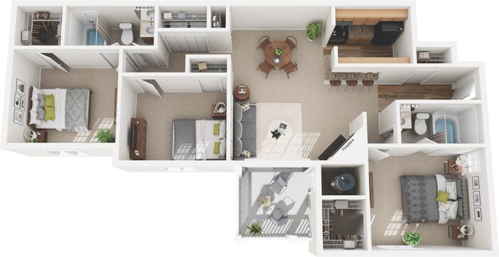 3BR Garden 3-D Floorplan