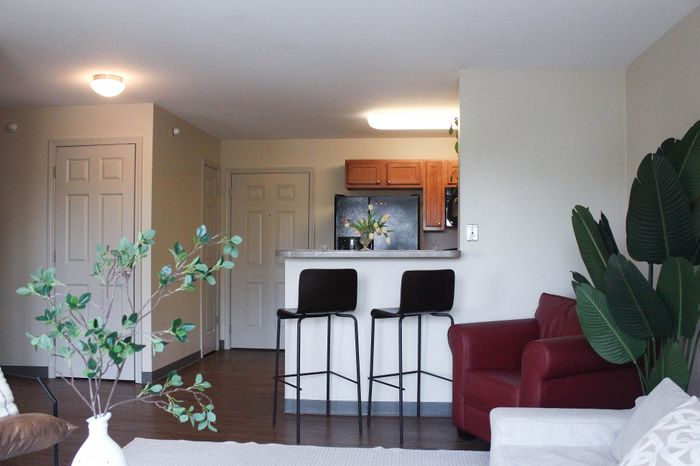 Inviting living space featuring a cozy open kitchen with bar seating, lush greenery, and a comfortable red armchair.