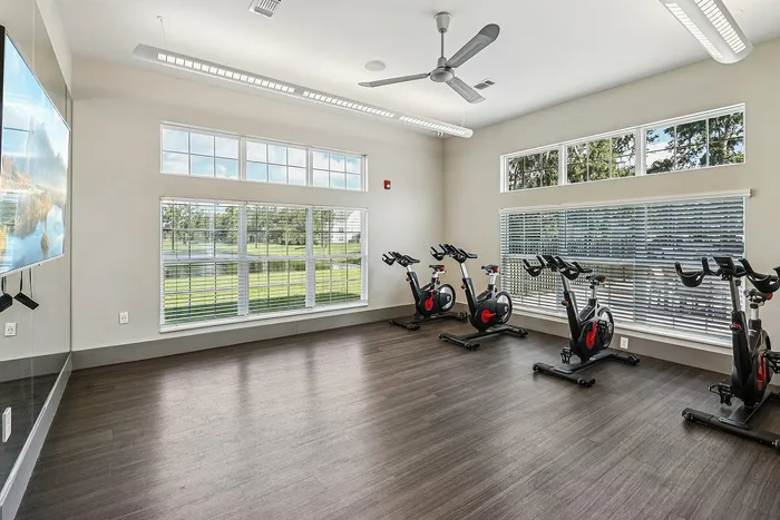 Bright and modern fitness room featuring sleek exercise bikes, large windows with scenic views, and wood-style flooring.