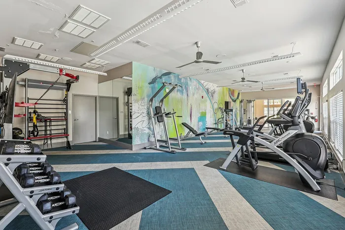 Modern fitness center with state-of-the-art gym equipment, vibrant wall art, and natural lighting.