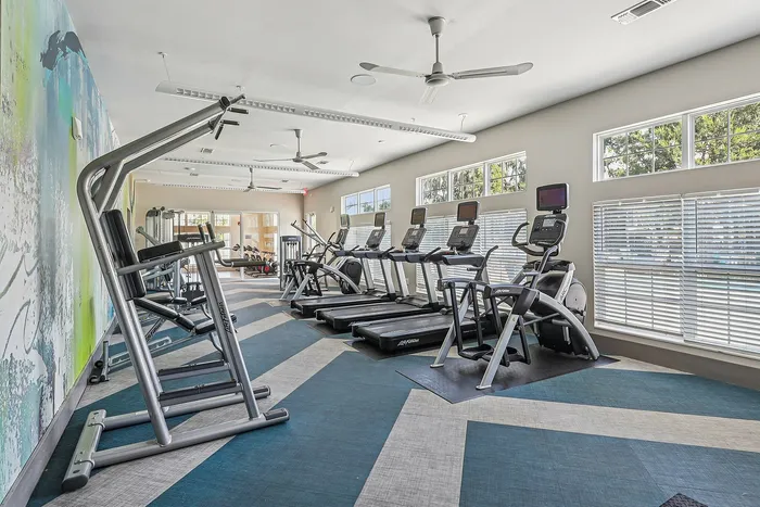 Modern fitness center with state-of-the-art treadmills, exercise machines, and vibrant decor under ample natural light.