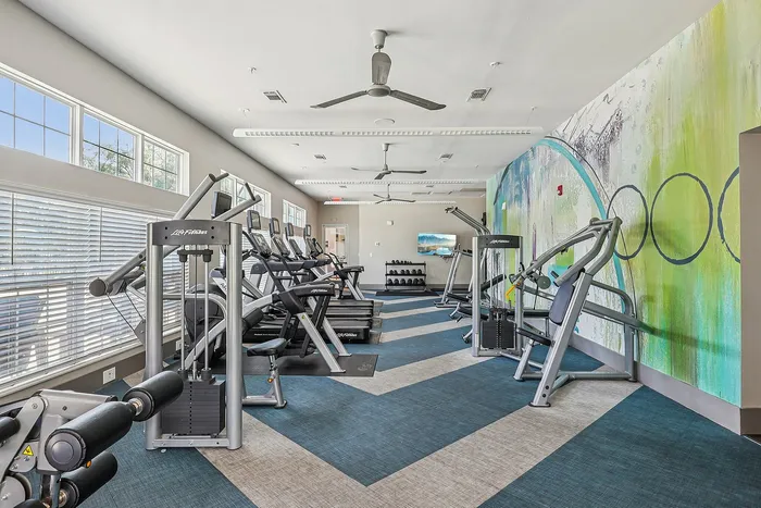 Modern gym with state-of-the-art fitness equipment, vibrant wall art, and ample natural light filtering through large windows.