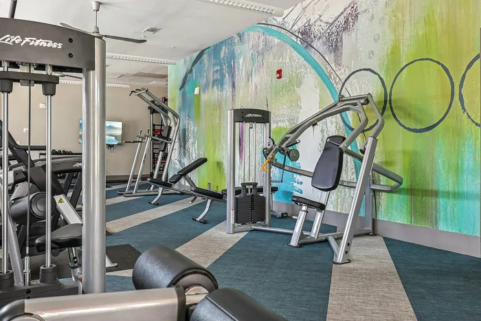 Modern fitness center equipped with top-of-the-line gym equipment and vibrant wall art, perfect for energizing workouts.