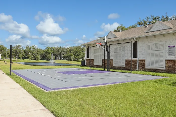 Charming community setting with a sleek basketball court beside a scenic pond, perfect for outdoor activities and relaxation.