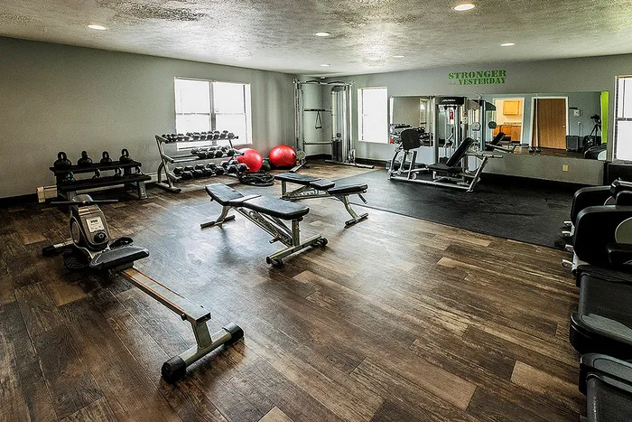 Modern fitness room with wooden flooring, equipped with diverse gym machines, free weights, and workout benches for a comprehensive exercise experience.