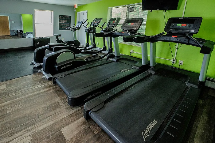 Modern fitness center featuring several state-of-the-art treadmills with vibrant green walls and sleek wooden flooring.