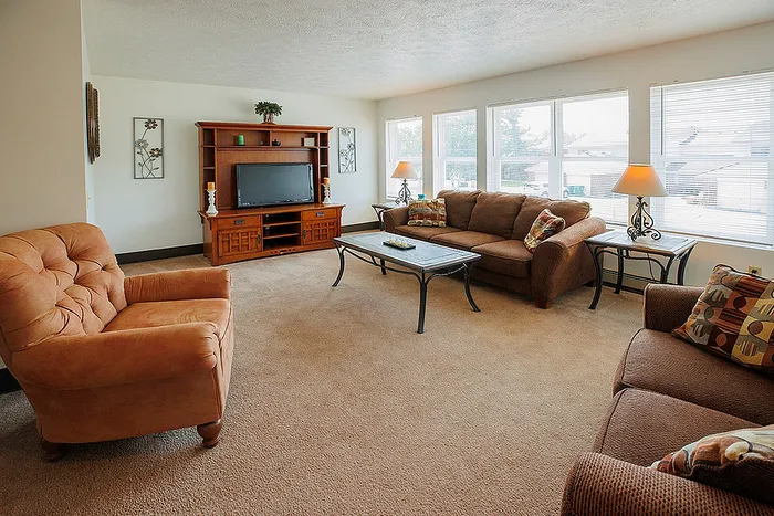 Cozy living room with plush brown sofas, large windows allowing natural light, and a stylish entertainment center.
