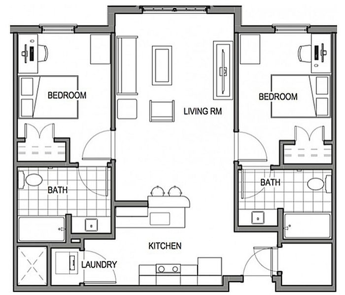 Contemporary 2-bedroom floor plan featuring a spacious living room, modern kitchen, two bathrooms, and convenient laundry area.