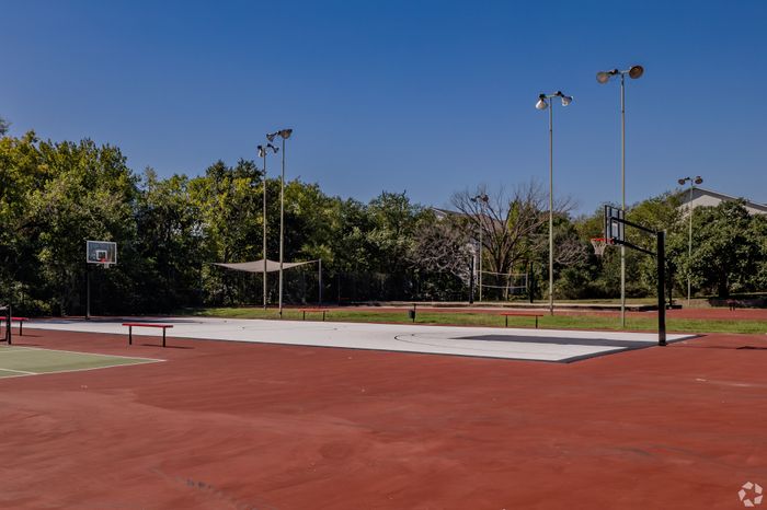 Vibrant outdoor basketball court with benches, surrounded by lush greenery and blue skies, perfect for recreational activities.