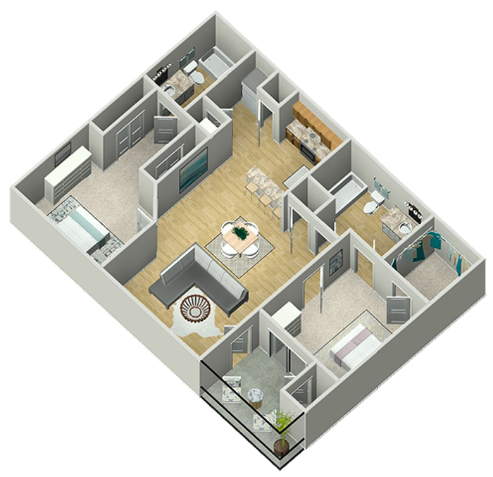 B3 (Oak) 2x2 900 3D floor plan
