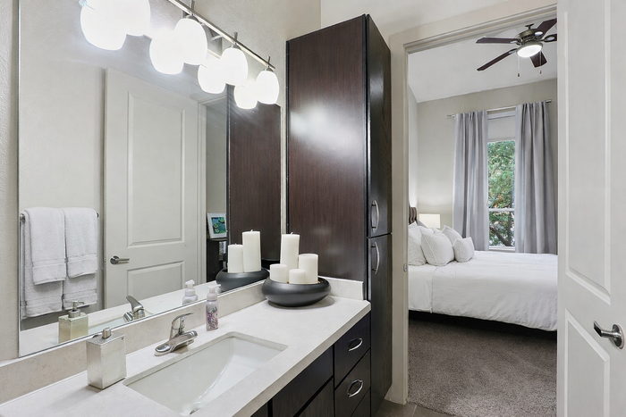 Primary Bathroom at The District at Washington Apartments in Houston, TExas