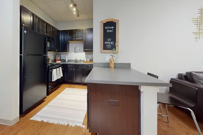 Modern open kitchen featuring mocha cabinets in University Plaza off-campus apartments near NIU