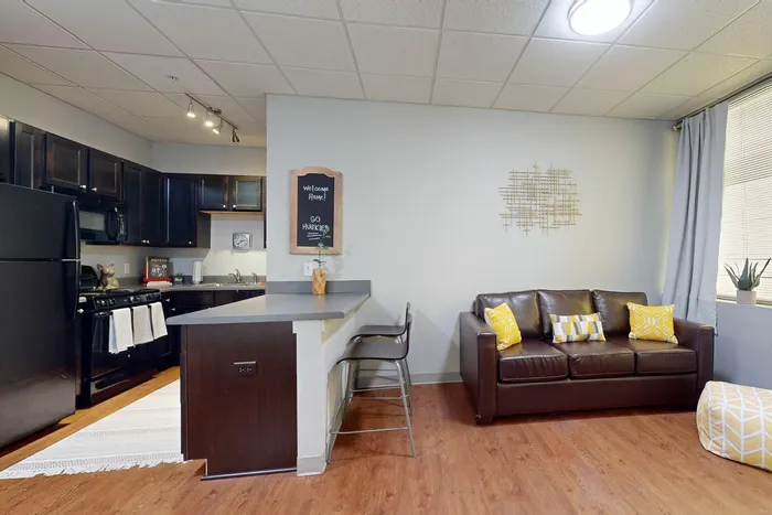 Comfortable furnished living room in University Plaza student apartments near NIU