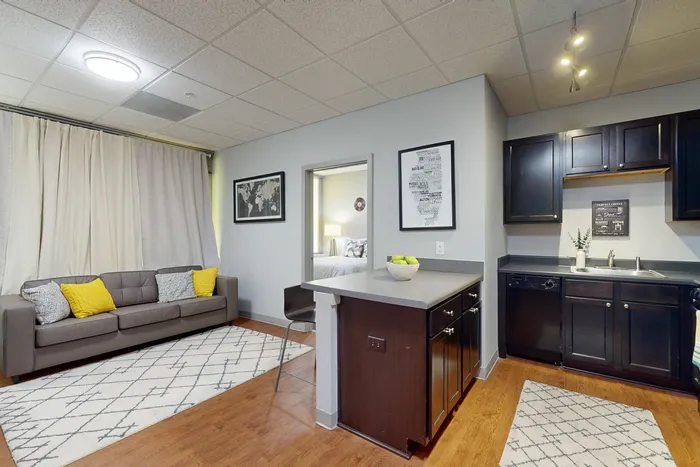 Spacious open kitchen and living room in University Plaza off-campus apartments near NIU