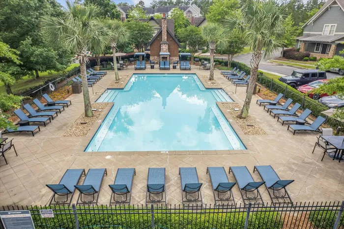 Aerial view of the resort-style pool at The Cottages of Hattiesburg surrounded by palm trees and lounge chairs, perfect for student relaxation and leisure.