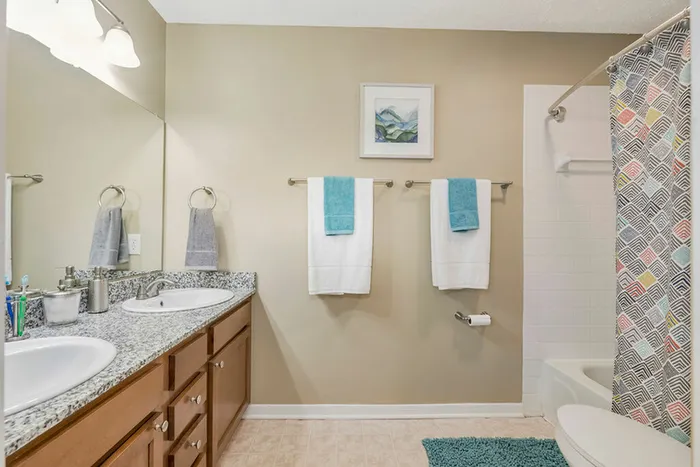 Bathroom with double vanity and modern fixtures