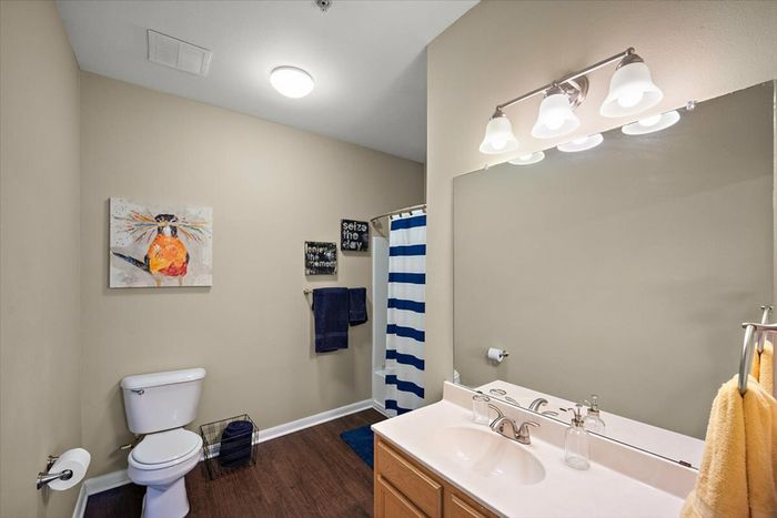 Spacious bathroom at Eagle Flatts Apartments in Hattiesburg, MS with modern lighting and decor.