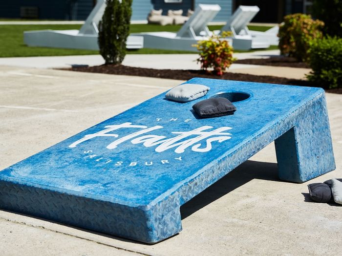 Game patio with cornhole at The Flatts Salisbury