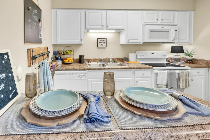 Fully equipped kitchen with modern appliances and double sink at Eagles West Apartments in Auburn, AL.