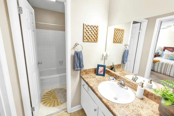 Private bathroom with plenty of counter and cabinet space and large wall mirror
