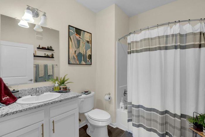 Modern bathroom with hardwood-style flooring in a student apartment at The Flatts Starkville