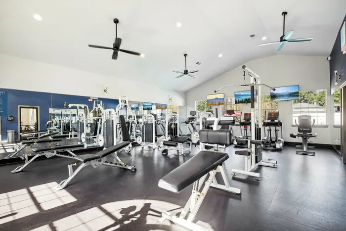 Fully equipped fitness center with modern cardio and strength training equipment at The Preserve Murfreesboro.