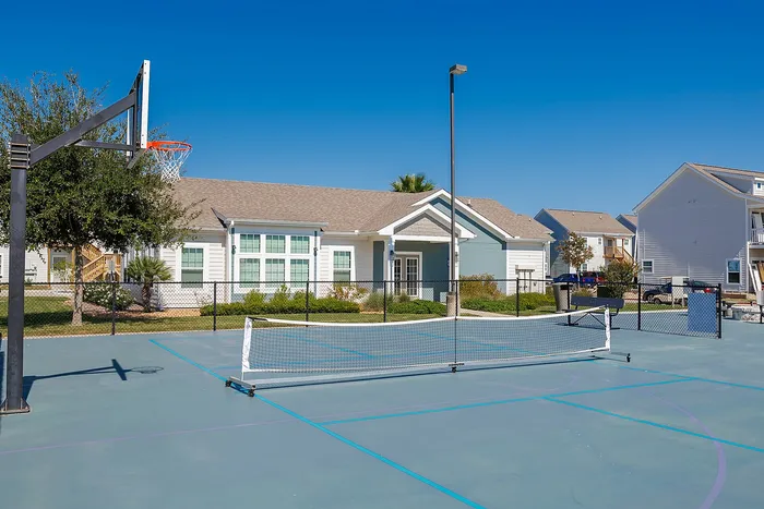 Vibrant outdoor sports area featuring a basketball hoop and tennis net, set against charming residential homes under a clear blue sky.