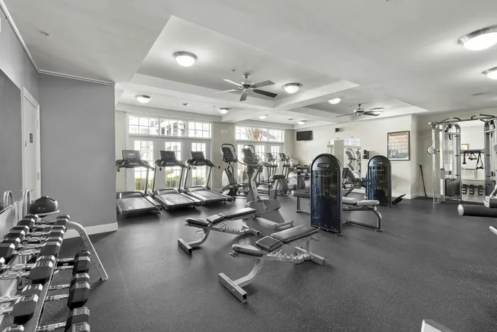 Modern fitness center with state-of-the-art equipment, including treadmills, weight racks, and strength training machines, enhanced by natural light from large windows.