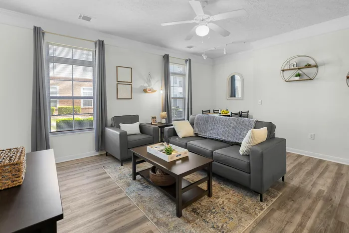 Modern and inviting living room with sleek gray furniture, stylish wood flooring, and ample natural light through large windows.